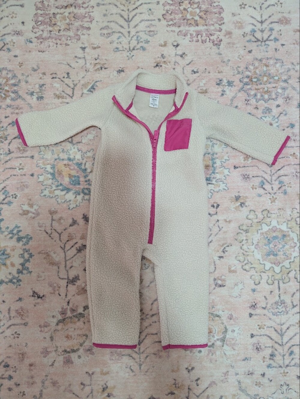 Carter's Cream Fleece One-Piece with Pink Trim